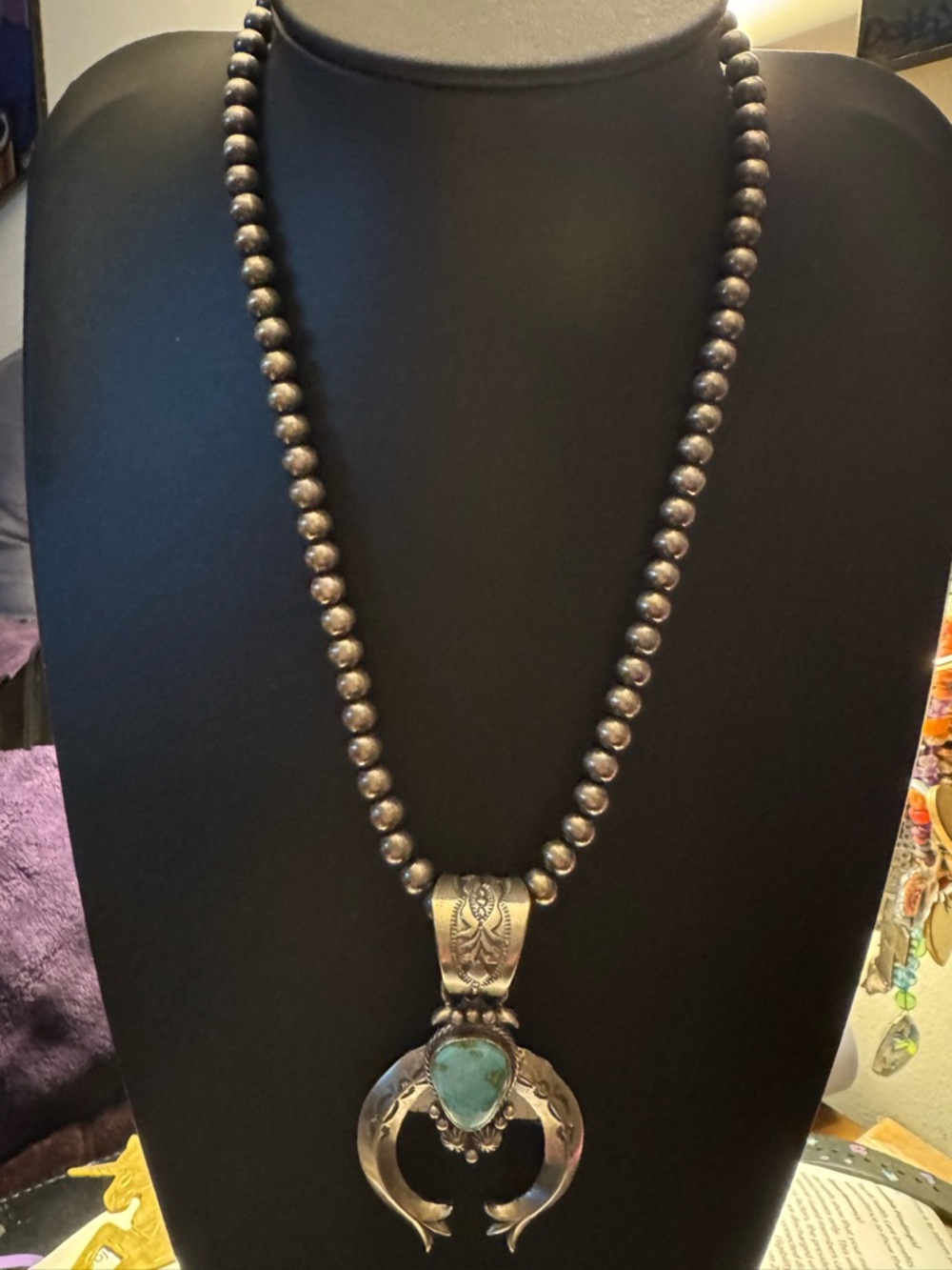 Sterling Silver Sonoran Gold Turquoise Naja Necklace - 18”signed Stamped Navajo